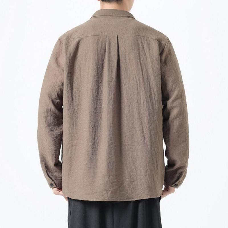 Buddha Stones Vintage Plain Buttons Down Stand Collar Long Sleeve Men's Cotton Shirt