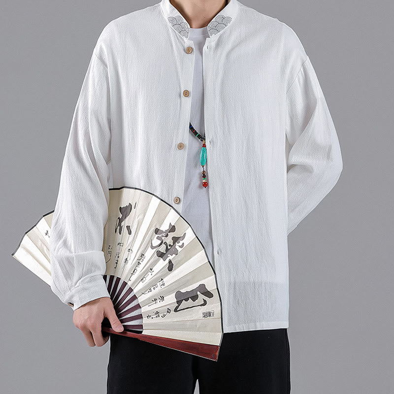 Buddha Stones Embroidered Auspicious Clouds Stand Collar Button Down Long Sleeve Men's Cotton Shirt
