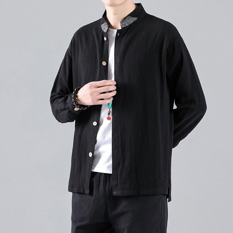 Buddha Stones Embroidered Auspicious Clouds Stand Collar Button Down Long Sleeve Men's Cotton Shirt