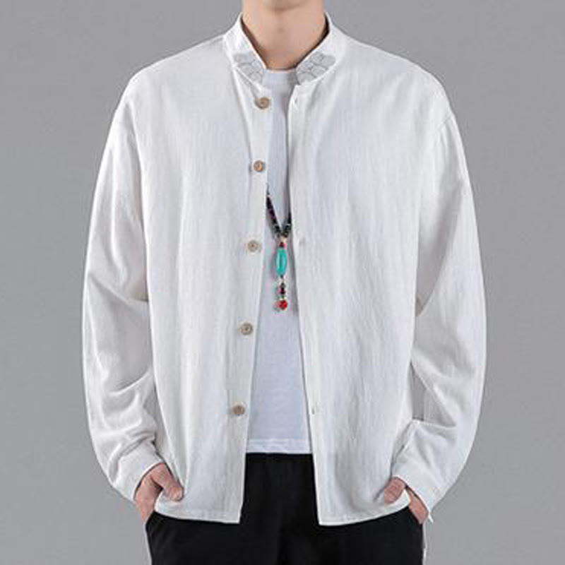 Buddha Stones Embroidered Auspicious Clouds Stand Collar Button Down Long Sleeve Men's Cotton Shirt