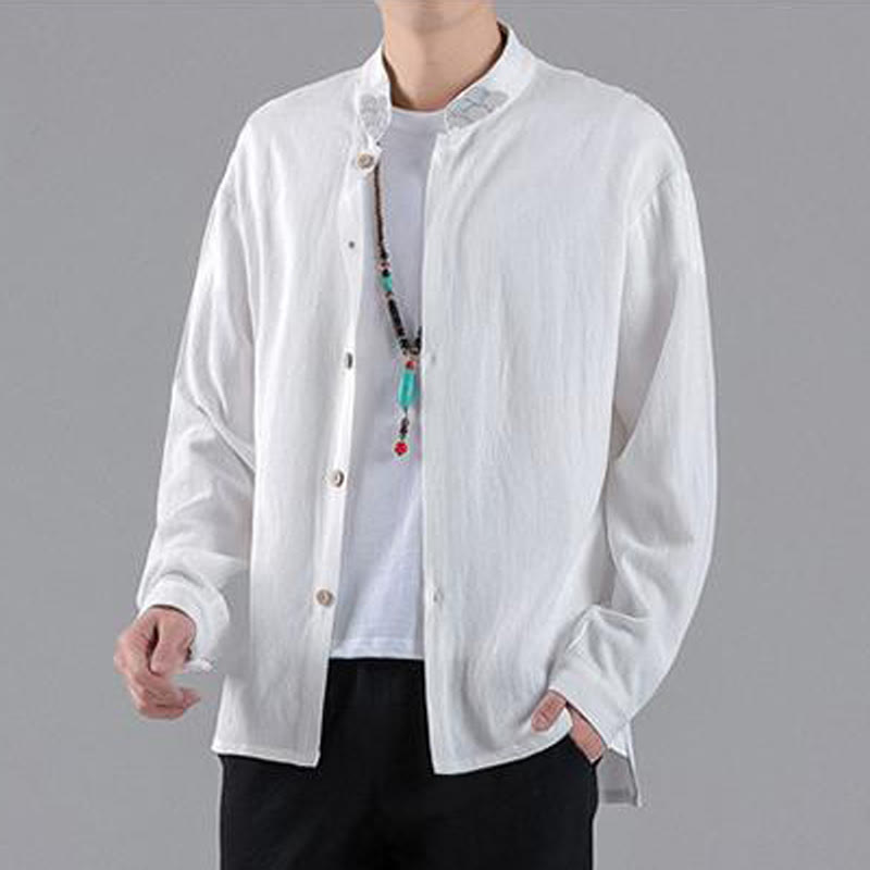 Buddha Stones Embroidered Auspicious Clouds Stand Collar Button Down Long Sleeve Men's Cotton Shirt