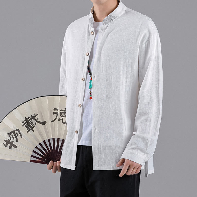 Buddha Stones Embroidered Auspicious Clouds Stand Collar Button Down Long Sleeve Men's Cotton Shirt