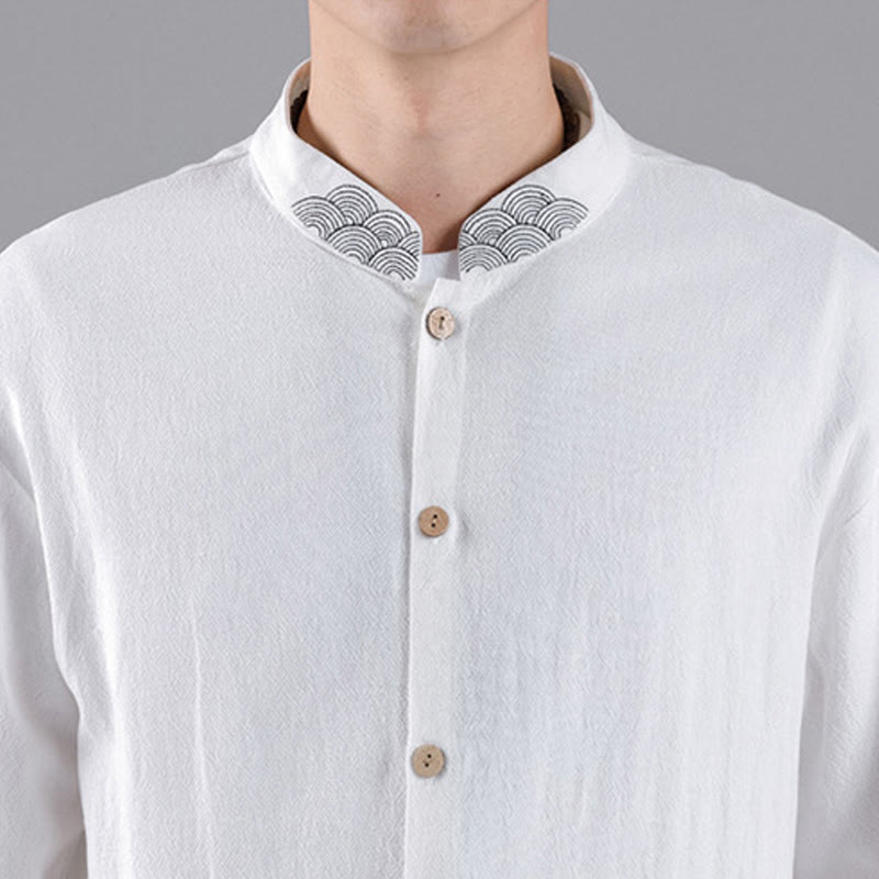 Buddha Stones Embroidered Auspicious Clouds Stand Collar Button Down Long Sleeve Men's Cotton Shirt