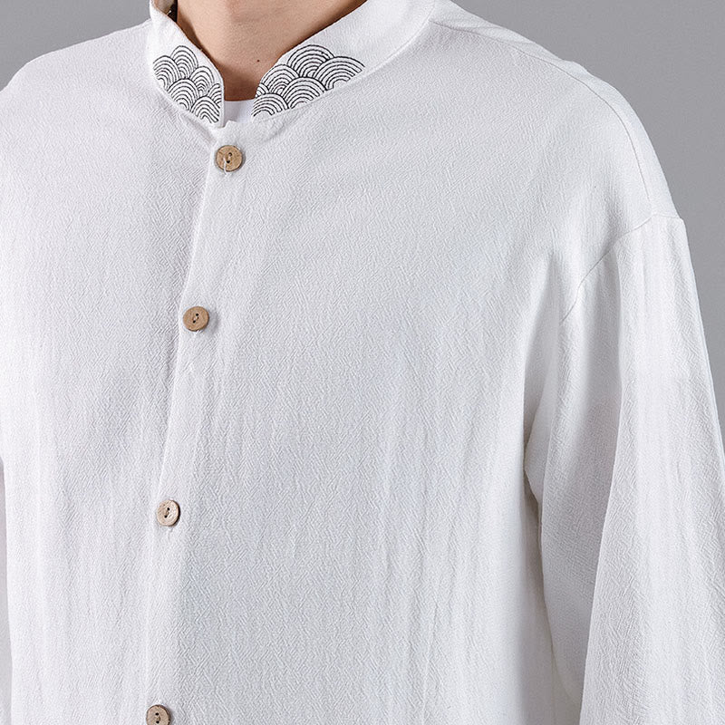 Buddha Stones Embroidered Auspicious Clouds Stand Collar Button Down Long Sleeve Men's Cotton Shirt