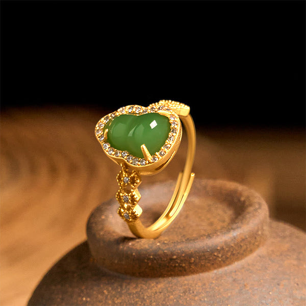 FREE Today: Strength Wealth Vintage Gourd Green Chalcedony Copper Plated Gold Adjustable Ring
