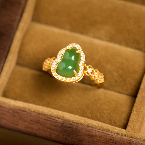 FREE Today: Strength Wealth Vintage Gourd Green Chalcedony Copper Plated Gold Adjustable Ring