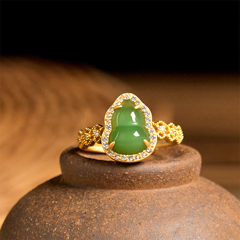 Buddha Stones Vintage Gourd Green Chalcedony Copper Plated Gold Adjustable Wealth Ring