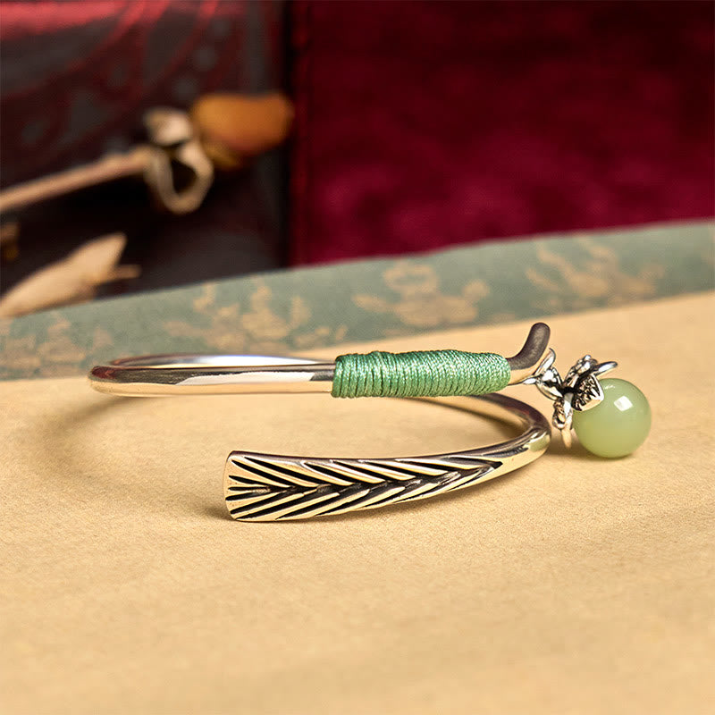 Buddha Stones Copper Alloy Green Bead Charm Luck Cuff Bracelet Bangle