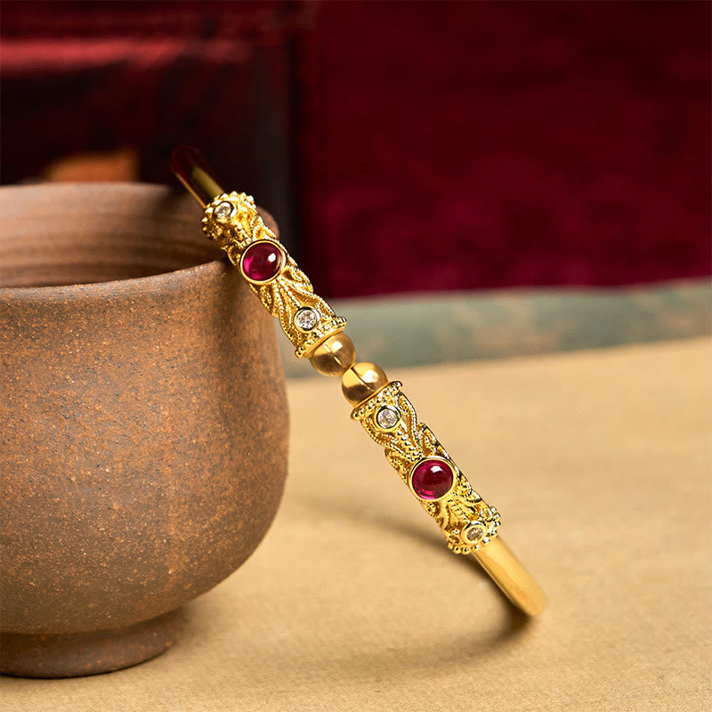 Buddha Stones Golden Flower Pattern Red Zircon Amber Copper Luck Cuff Bracelet Bangle