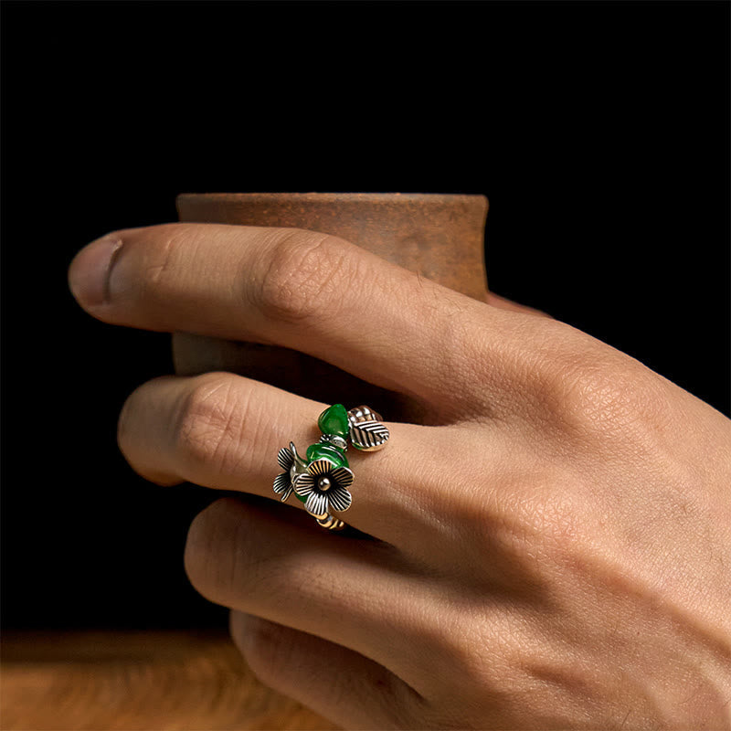 Buddha Stones Flower Pattern Copper Alloy Luck Elastic Rope Ring