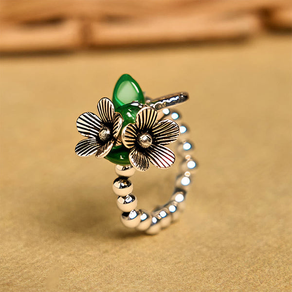 Buddha Stones Flower Pattern Copper Alloy Luck Elastic Rope Ring