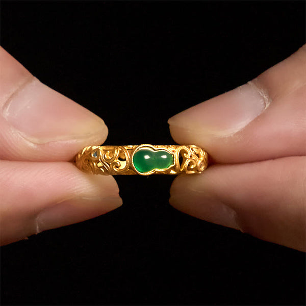 Buddha Stones Vintage Gourd Green Chalcedony Copper Alloy Wealth Ring