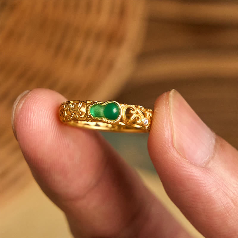 Buddha Stones Vintage Gourd Green Chalcedony Copper Alloy Wealth Ring