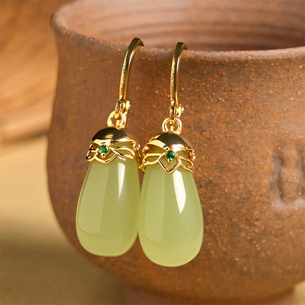 Buddha Stones Green Chalcedony Water Drop Strength Copper Posts Earrings