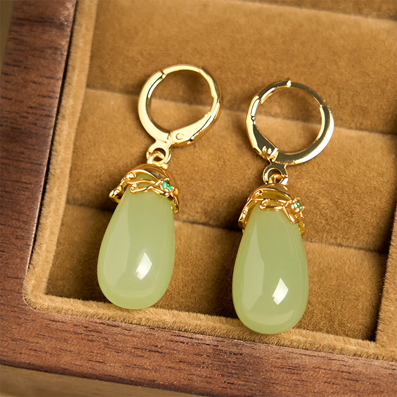 Buddha Stones Green Chalcedony Water Drop Strength Copper Posts Earrings