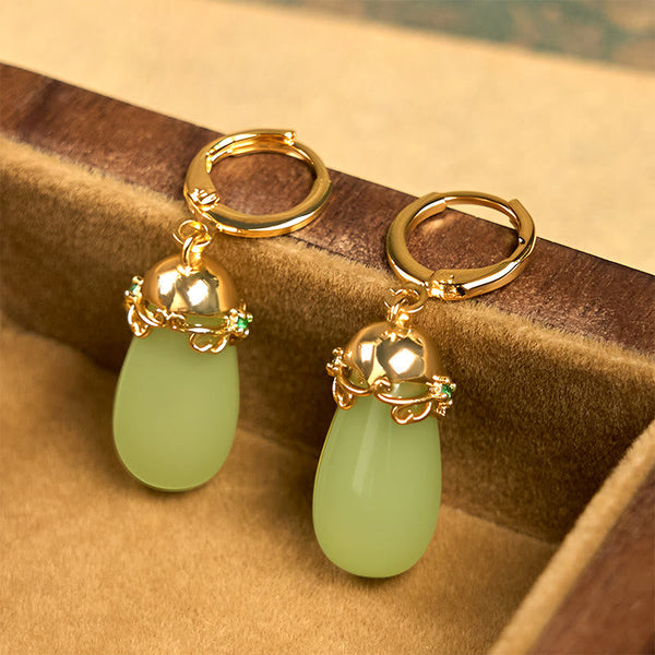 Buddha Stones Green Chalcedony Water Drop Strength Copper Posts Earrings