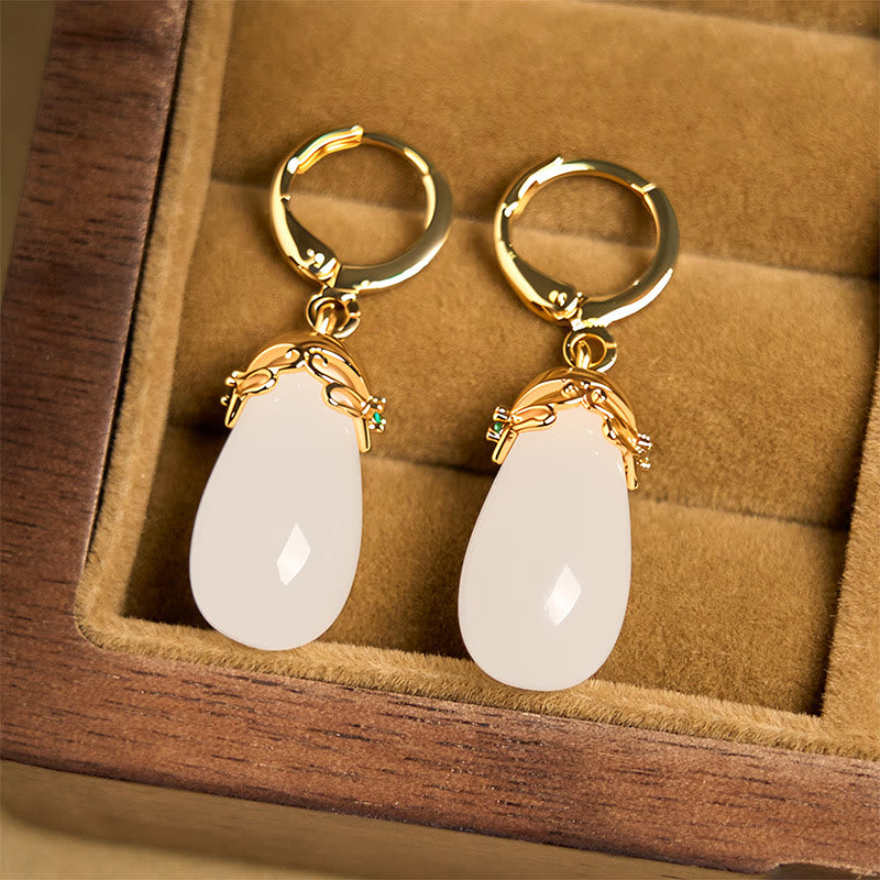 Buddha Stones Green Chalcedony Water Drop Strength Copper Posts Earrings