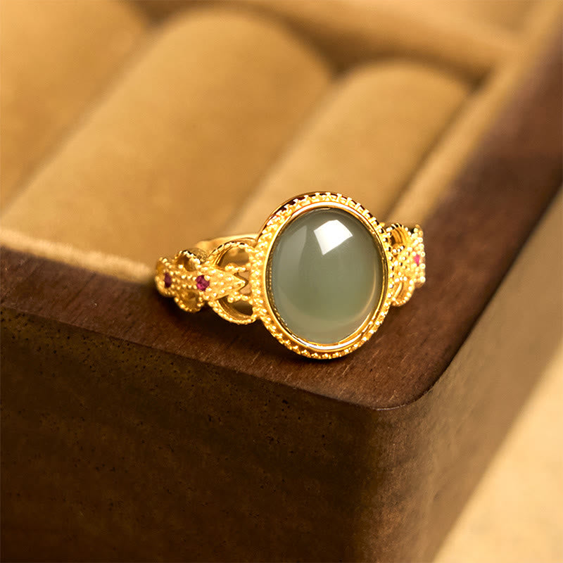 Buddha Stones Natural 925 Sterling Silver Plated Gold Hollow Design Jade Luck Ring