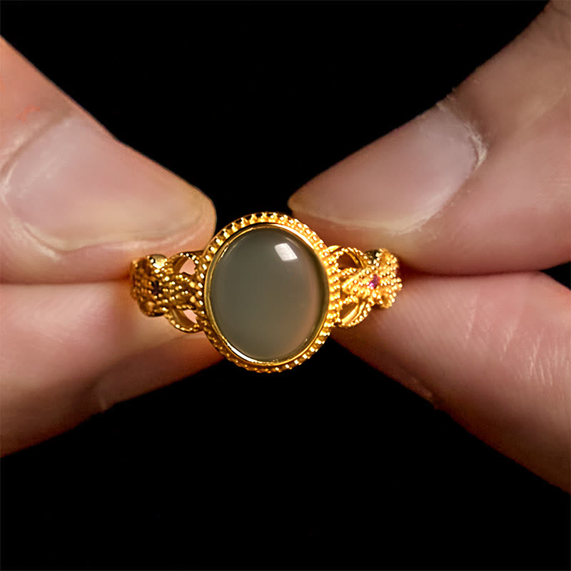 Buddha Stones Natural 925 Sterling Silver Plated Gold Hollow Design Jade Luck Ring