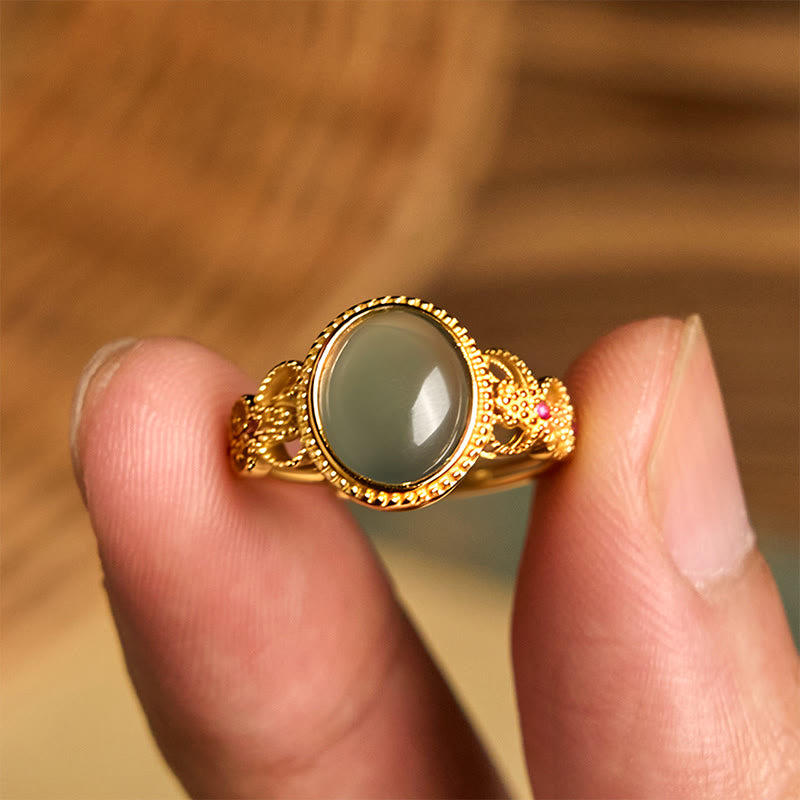Buddha Stones Natural 925 Sterling Silver Plated Gold Hollow Design Jade Luck Ring