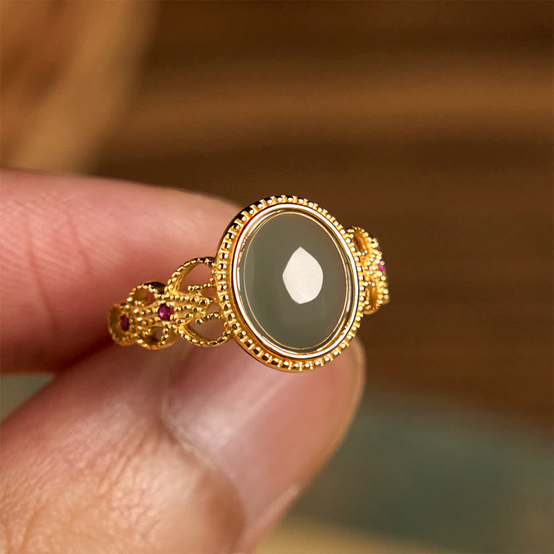Buddha Stones Natural 925 Sterling Silver Plated Gold Hollow Design Jade Luck Ring