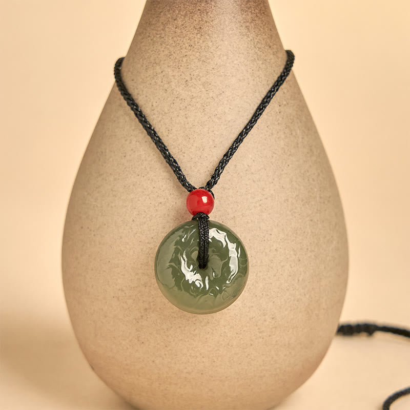 Buddha Stones Peace Buckle Auspicious Clouds Cyan Jade Necklace Luck Pendant