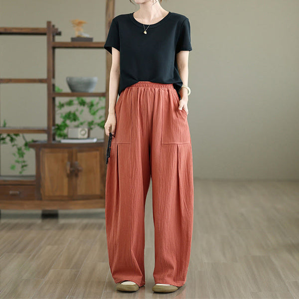 Buddha Stones Plain Pleated Design Ankle-Length Women's Cotton Linen Pants With Pockets