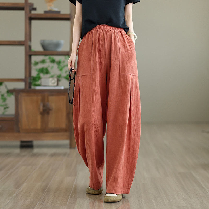 Buddha Stones Plain Pleated Design Ankle-Length Women's Cotton Linen Pants With Pockets
