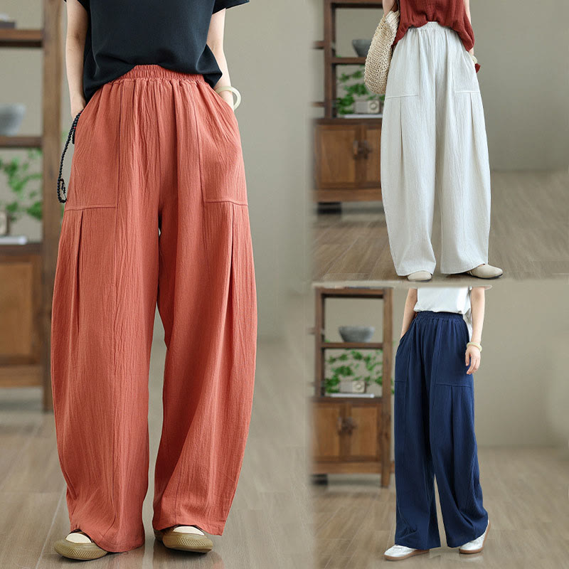 Buddha Stones Plain Pleated Design Ankle-Length Women's Cotton Linen Pants With Pockets