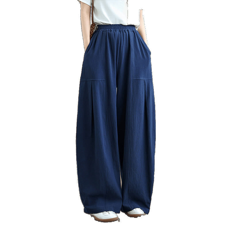 Buddha Stones Plain Pleated Design Ankle-Length Women's Cotton Linen Pants With Pockets