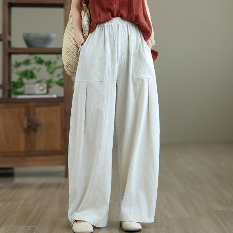 Buddha Stones Plain Pleated Design Ankle-Length Women's Cotton Linen Pants With Pockets
