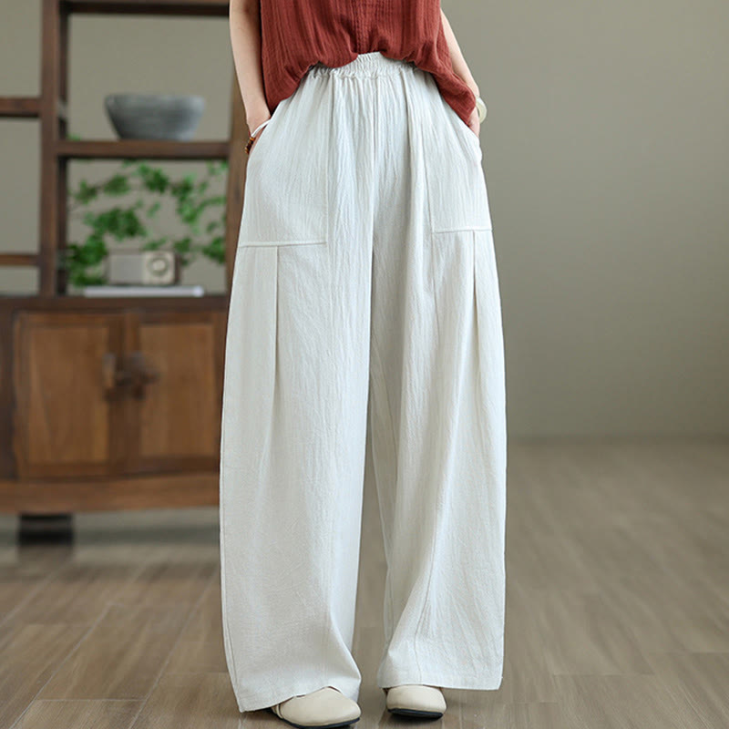 Buddha Stones Plain Pleated Design Ankle-Length Women's Cotton Linen Pants With Pockets