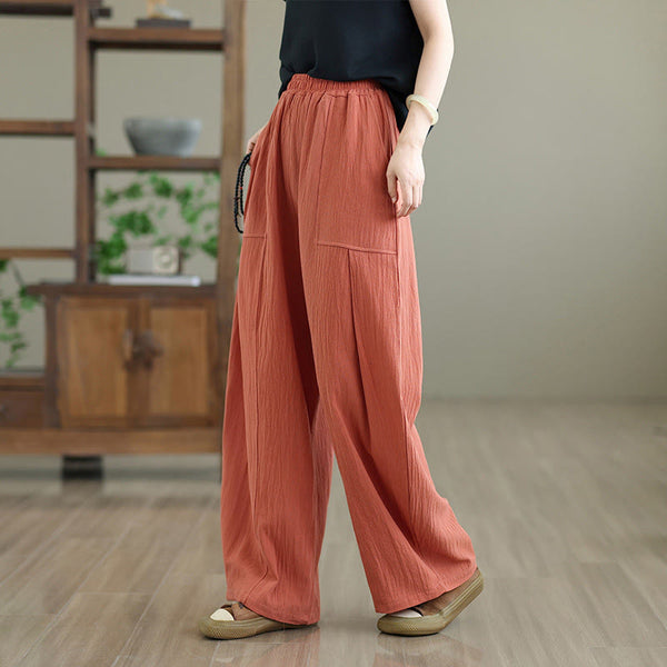 Buddha Stones Plain Pleated Design Ankle-Length Women's Cotton Linen Pants With Pockets