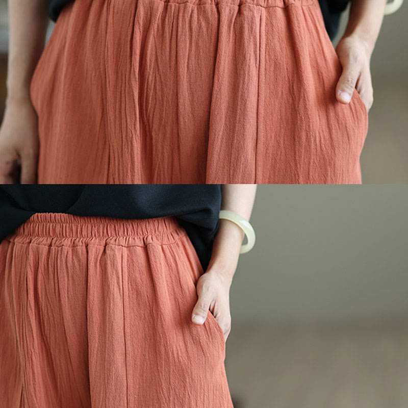 Buddha Stones Plain Pleated Design Ankle-Length Women's Cotton Linen Pants With Pockets