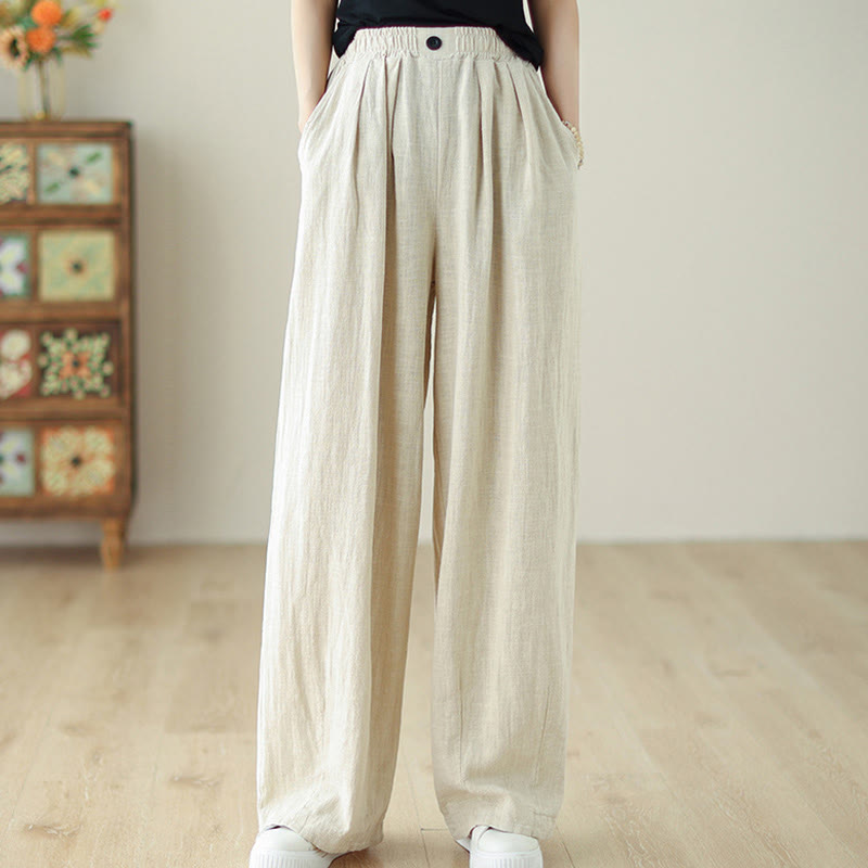 Buddha Stones Commute Button Design Women's Cotton Linen Elastic Waistband Pants With Pockets