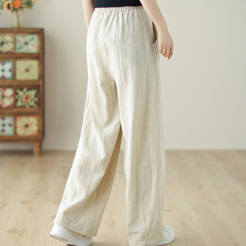 Buddha Stones Commute Button Design Women's Cotton Linen Elastic Waistband Pants With Pockets
