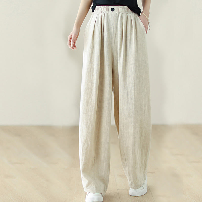 Buddha Stones Commute Button Design Women's Cotton Linen Elastic Waistband Pants With Pockets