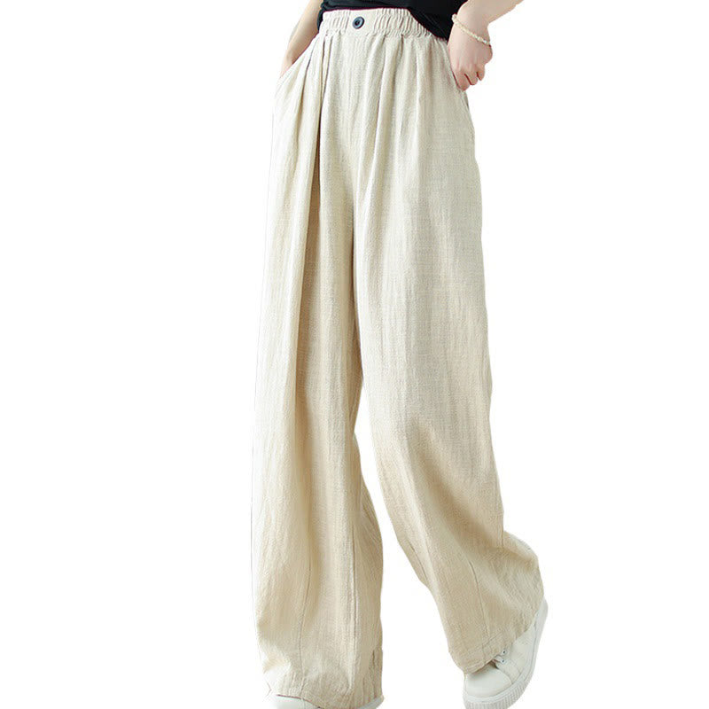 Buddha Stones Commute Button Design Women's Cotton Linen Elastic Waistband Pants With Pockets