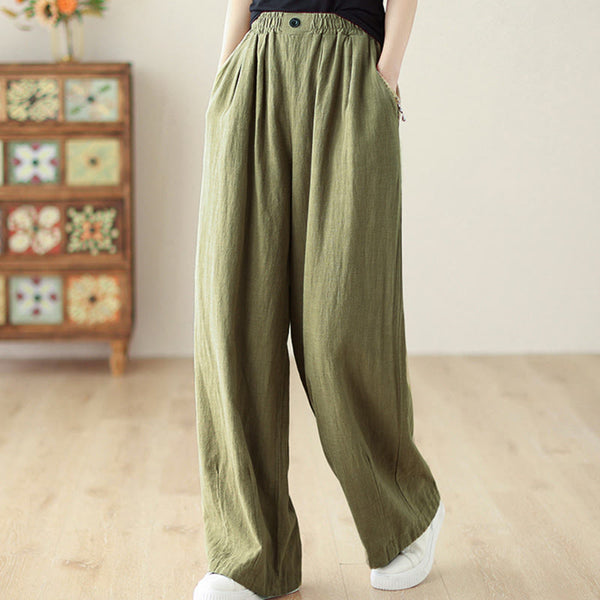 Buddha Stones Commute Button Design Women's Cotton Linen Elastic Waistband Pants With Pockets
