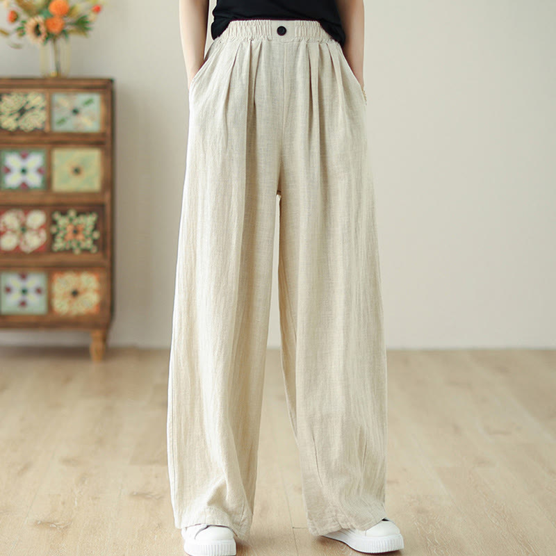 Buddha Stones Commute Button Design Women's Cotton Linen Elastic Waistband Pants With Pockets