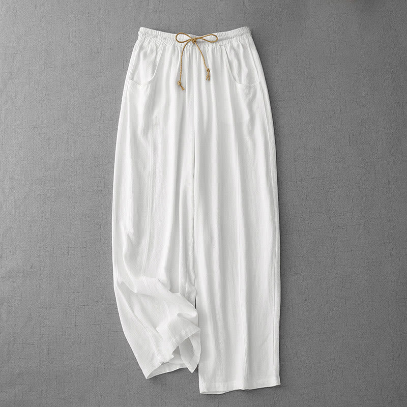 Buddha Stones Casual Pure Color Drawstring Simple Design Women's Cotton Pants With Pockets