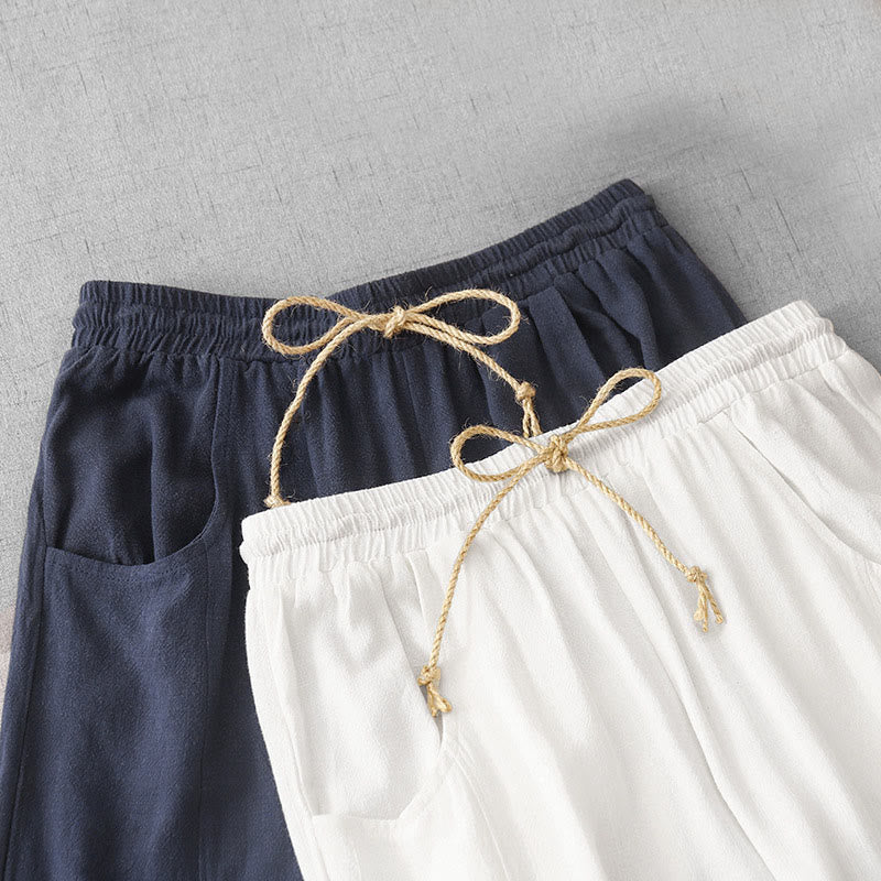 Buddha Stones Casual Pure Color Drawstring Simple Design Women's Cotton Pants With Pockets