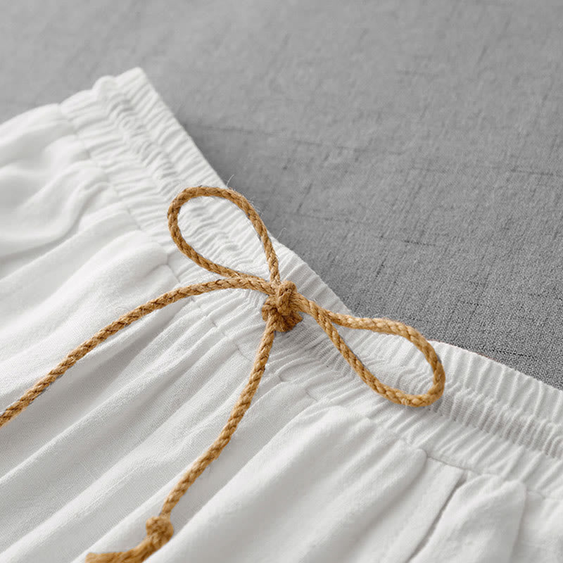 Buddha Stones Casual Pure Color Drawstring Simple Design Women's Cotton Pants With Pockets