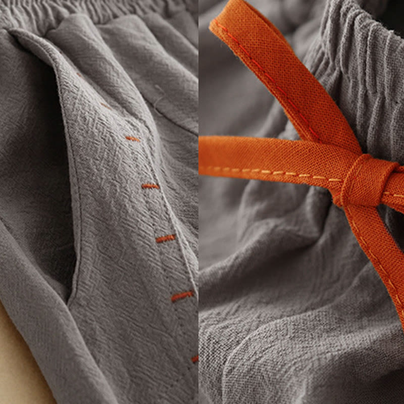 Buddha Stones Casual Side Slits Design Cotton Women's Wide Leg 7-8 Length Pants With Pockets