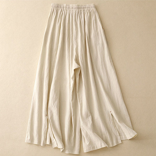 Buddha Stones Casual Side Slits Design Cotton Women's Wide Leg 7-8 Length Pants With Pockets