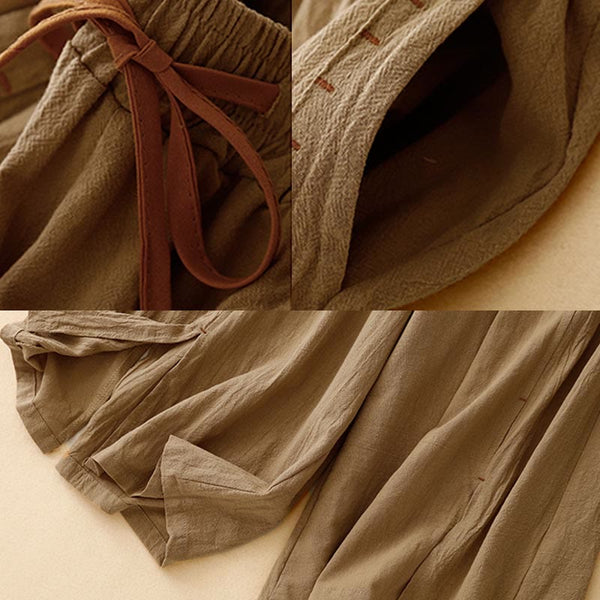 Buddha Stones Casual Side Slits Design Cotton Women's Wide Leg 7-8 Length Pants With Pockets