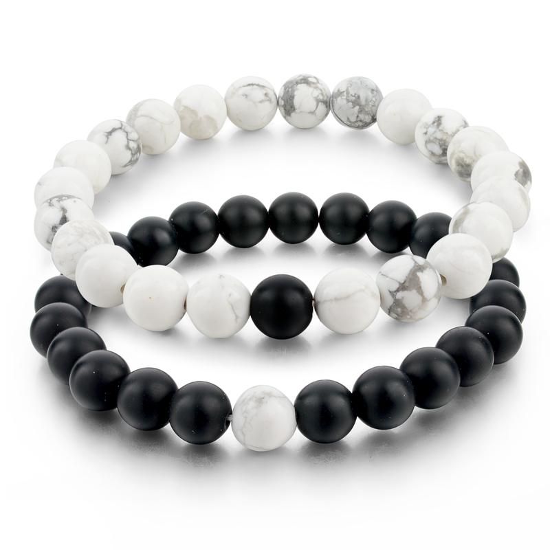 Soulmate Connection Bracelet Set - Black & White Gemstone Bond for Couples