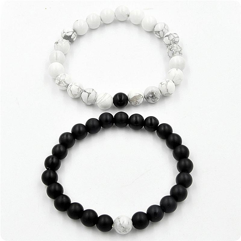 Soulmate Connection Bracelet Set - Black & White Gemstone Bond for Couples