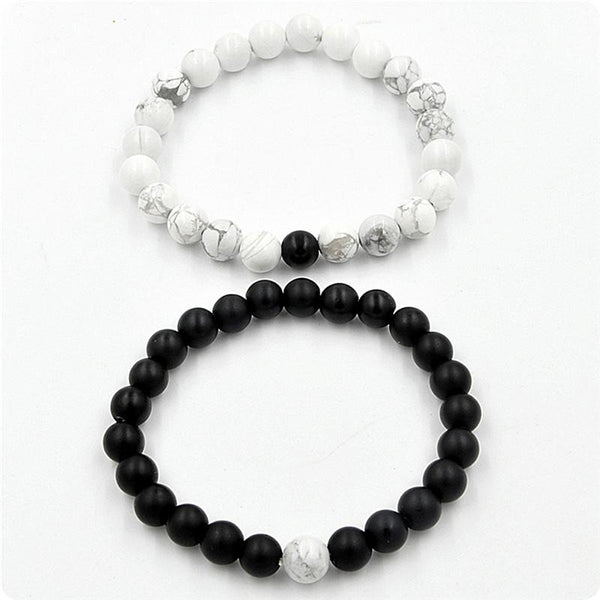 Soulmate Connection Bracelet Set - Black & White Gemstone Bond for Couples
