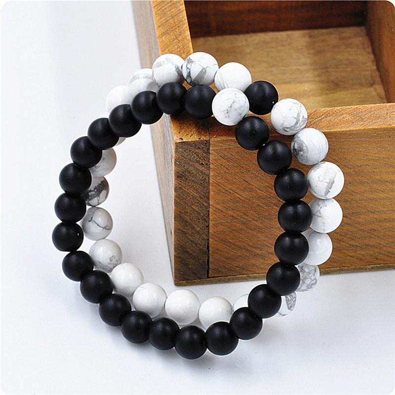 Soulmate Connection Bracelet Set - Black & White Gemstone Bond for Couples